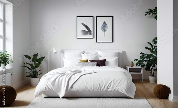 Fototapeta White bedding on bed in Scandinavian simple bedroom interior. Two posters on wall. Template. Generative AI