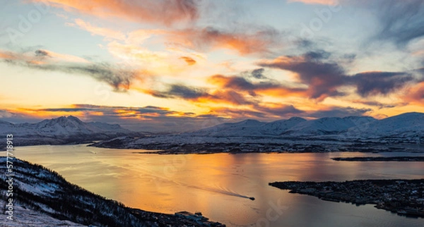 Fototapeta Sunset over the Tromso Fjord in Norway from Fjellheisen mountain