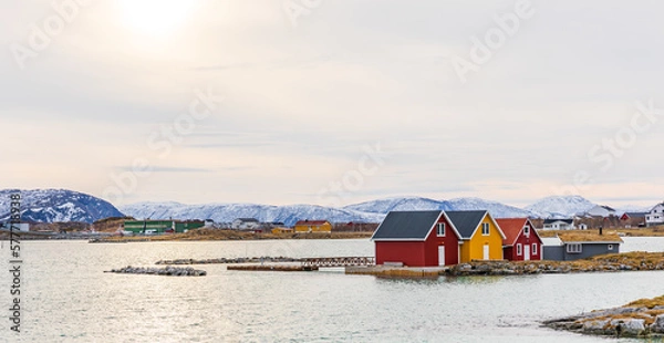 Fototapeta Colorful Houses by the Fjord in Norway in winter setting - Sommarøy island
