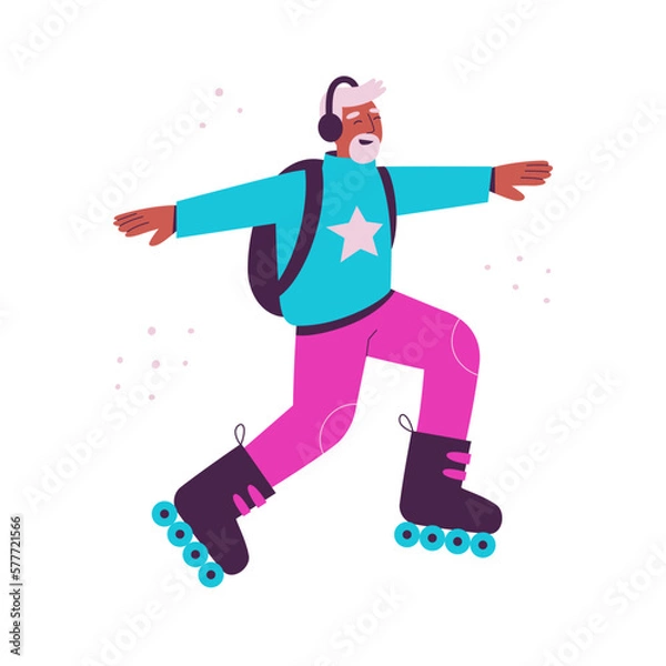 Fototapeta Fashionable senior man rollerblading. The elderly African american black man is having fun. Active aging. Flat vector illustration of happy grandpa on roller skates with backpack and headphones.