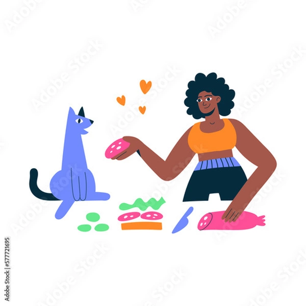 Fototapeta An African American woman with black curly hair makes a sandwich and shares sausage with a cat. Pet lover. Family breakfast. Flat hand drawn vector illustration.