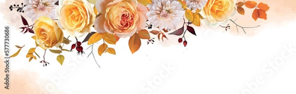 Fototapeta Elegant, floral autumn site banner. Vector fall watercolor yellow peach rose flowers, cream dahlia, burgundy red eucalyptus leaves branches, berry bouquet illustration. Editable frame, border template