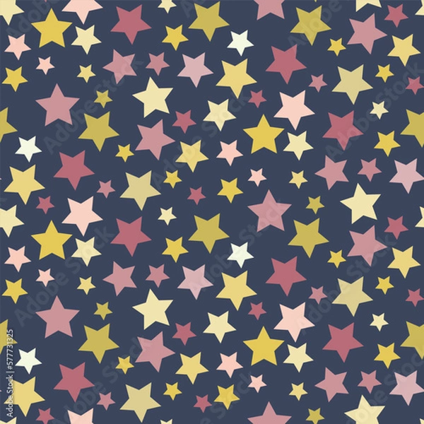 Fototapeta Colorful star seamless vector pattern. Pink, yellow, blue background. Dense scattered stars backdrop. Celestial shapes repeat. Effect of night sky. For baby, wallpaper,wrapping, gender neutral.