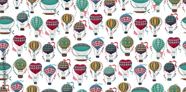 Obraz Vintage hot air balloon pattern. Different balloon aerostat print. Color air balloons texture. Large bag filled with hot gas and basket. Flying transport. Hand drawn vintage style flight airship. 