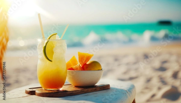 Fototapeta A delicious cold cocktail drink with a colorful umbrella and tropical fruits served on a white sandy beach. Generative AI creates a refreshing atmosphere perfect for a hot summer day. Generative AI