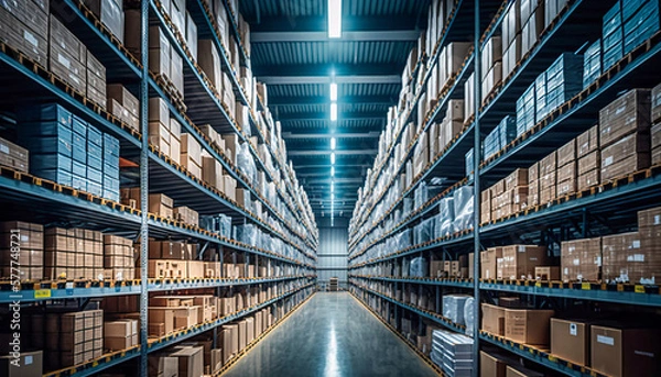 Fototapeta Seamless Logistics, A Warehouse Distribution Center, Long Shelves with Boxes, Generative AI