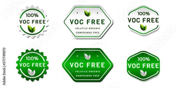 Fototapeta VOC Free Label Sticker. Volatile organic compounds-free abstract. With leaf icon. On gradient green and white colors. Premium, and luxury vector illustration design