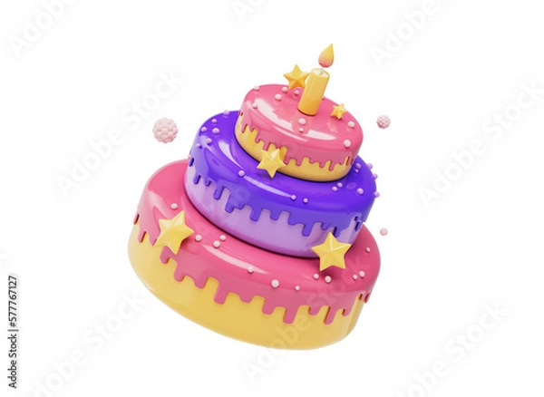 Fototapeta 3D Birthday cake icon with candle and decorations. Birthday celebration cake. 3D candle cake icon.   Cartoon birthday cake. Cartoon style design 3D icon isolated on white background. 3D rendering.