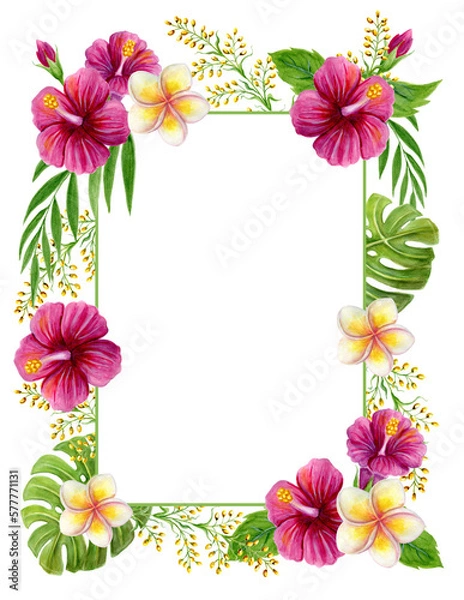 Obraz Tropical frame. Hand drawn watercolor painting with Hibiscus rose flowers and palm leave isolated on white background. Floral summer border.