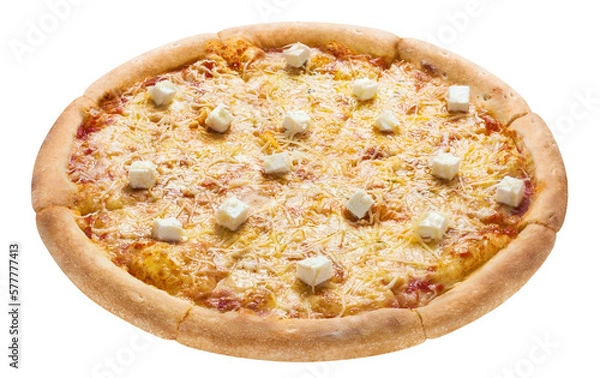 Fototapeta Delicious pizza with cheese: mozzarella, feta, parmesan and cheddar, cut out