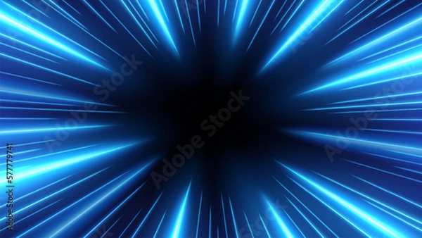 Fototapeta Blue Rays Zoom in Motion Effect, Light Color Trails. Vector Illustration