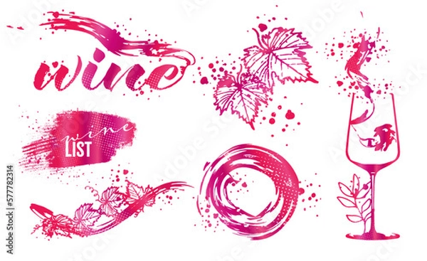 Fototapeta Wine Designs - Collection of wine glasses and bottles. Hand drawn elements for invitation cards, advertising banners, menus in gold style. Wine glasses with splashing wine. Sketch vector illustration.
