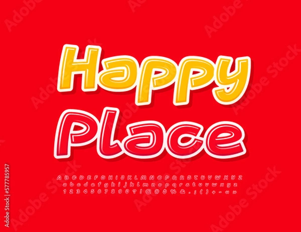 Fototapeta Vector bright Emblem Happy Place. Red Glossy Font. Modern Creative Alphabet Letters and Numbers