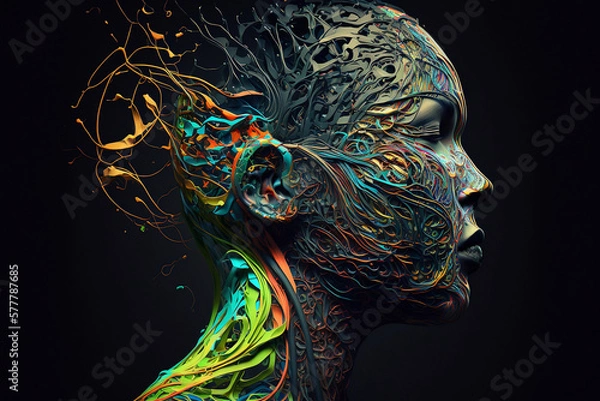 Fototapeta Digital concept art of human echo face created by wires, butterflies, nerves, cables, low poly, paper quilling. Generative AI