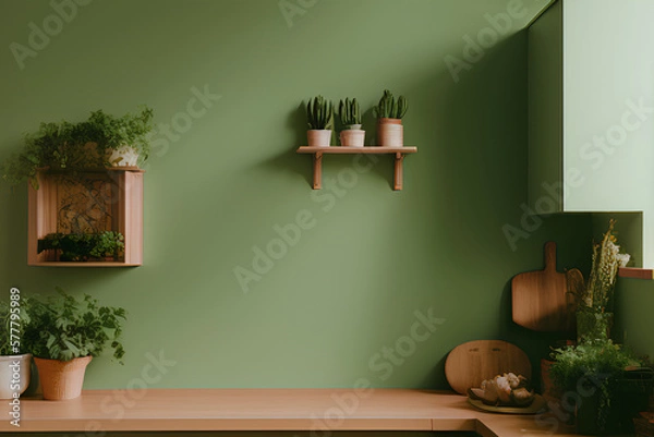 Obraz Kitchen room with analog-inspired green wall panel mockup and wooden display shelf. Generative AI illustration.