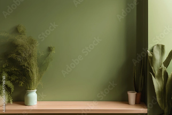 Fototapeta This AI-created illustration shows a kitchen with a wooden display shelf with herbs and plants and a green wall panel template as prominent features.