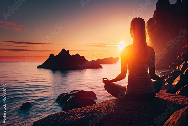 Fototapeta Silhouette of a young woman practicing yoga on the beach at sunset - generative ai