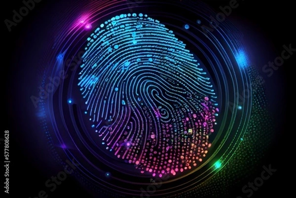 Obraz Neon-style fingerprint scanner, biometric data sensor, fingerprint icon, neon fingerprint on a black background