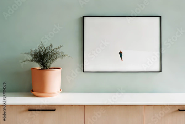 Fototapeta Within a sleek modern interior, an AI-generated illustration is presented in a black frame with warm undertones on a wooden counter