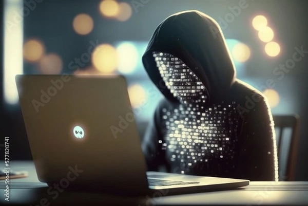 Obraz Dangerous digital hacker breaks into data server, dark atmosphere, AI generated.