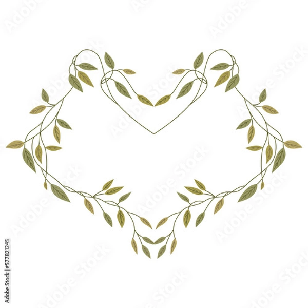 Fototapeta Symmetrical heart shape design or frame with leaf branches. Isolated vector illustration.