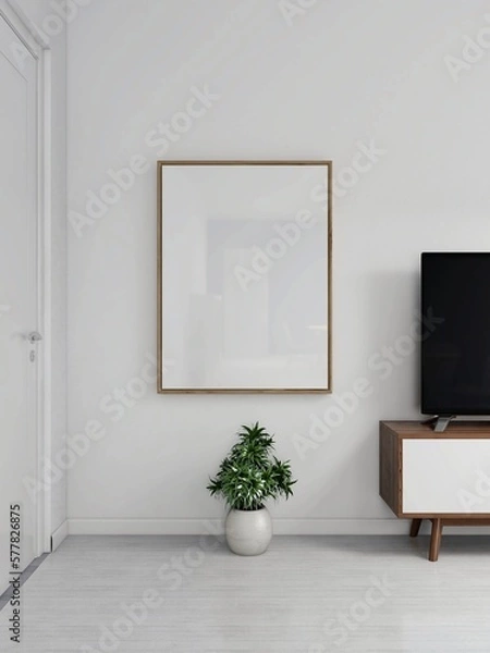 Fototapeta Living room with a blank vertical frame next to a tv. 3d rendering, interior design, 3d illustration