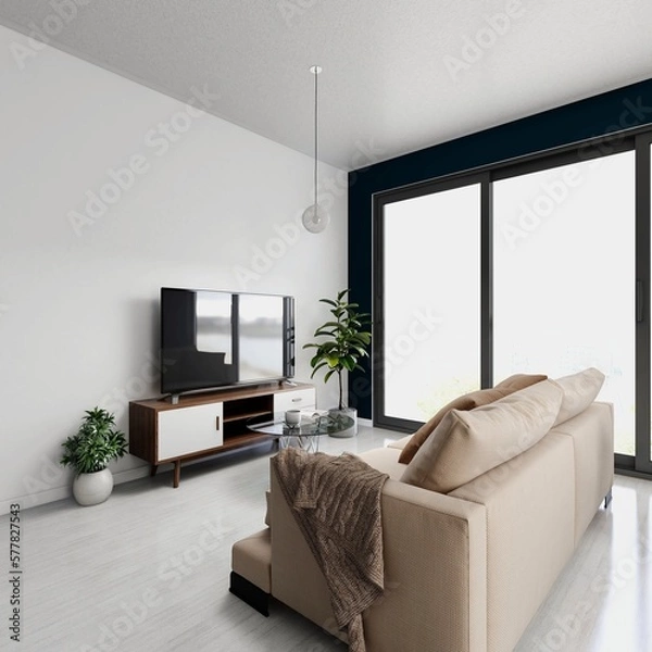Fototapeta Living room with interior decoration with ornamental plants, tv and panoramic window. 3d rendering, interior design, 3d illustration