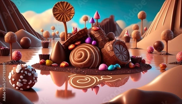 Obraz Fantasy world consisting of chocolate and candy, super sweet, dreamland, sugar paradise, candyland created with generative ai technology