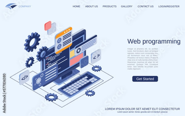 Obraz Web programming, program coding, website construction flat 3d isometric vector concept illustration