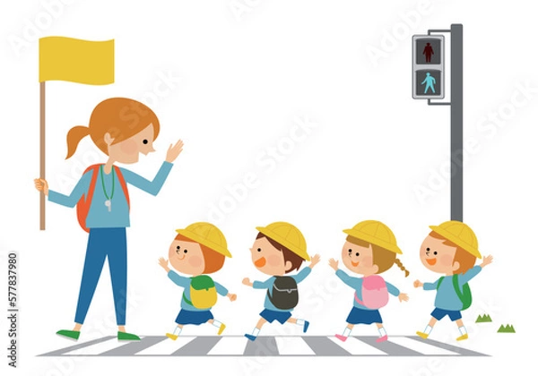 Fototapeta 交通安全　横断歩道をわたる子供達のイラスト素材
