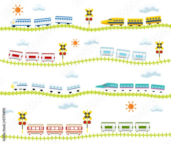Fototapeta 子供向け 可愛い 踏切のある線路を走る 電車