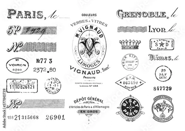 Fototapeta vintage French Paris design elements, calligraphic elements, postage and other stamps, numbers etc. with authentic old print / stamp textures, isolated over transparency