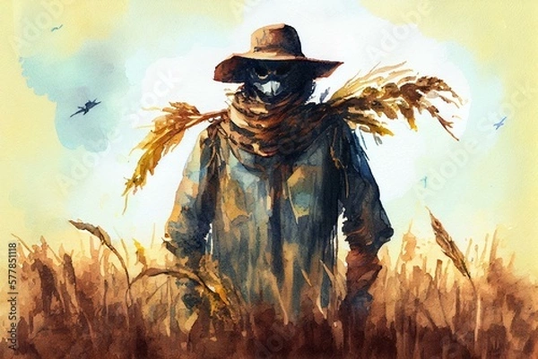 Fototapeta A scarecrow in a cornfield, watercolour style generative AI