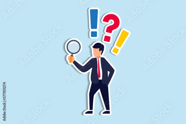 Fototapeta Observation or examination, curiosity to discover secret, search or analyze information, investigate or research concept, curious businessman holding magnifying glass observe data with question mark. 