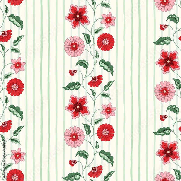 Obraz Indian Trailing Flowers and Vertical Stripes Vector Seamless Pattern. Cottagecore Chintz Floral Background. Delicate Summer Boho Print