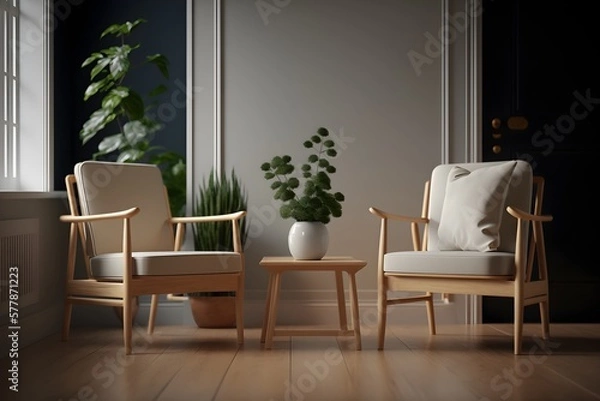Fototapeta living room interior concept with two chairs made with generative AI