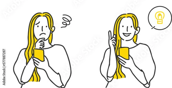 Obraz スマホを操作する困った顔とわかった顔の女性のイラストのセット