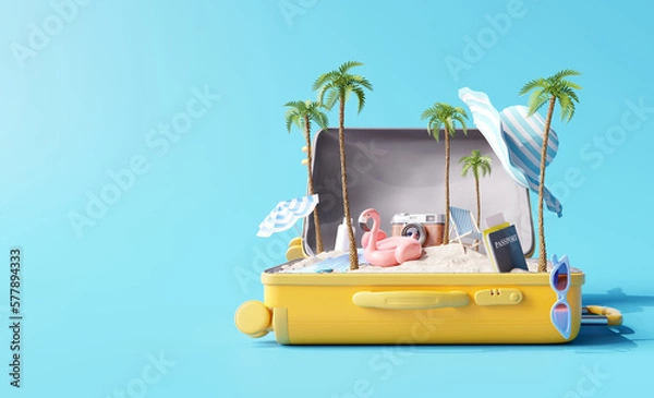 Obraz Creative summer beach composition in suitcase on blue background. travel concept idea. 3d rendering