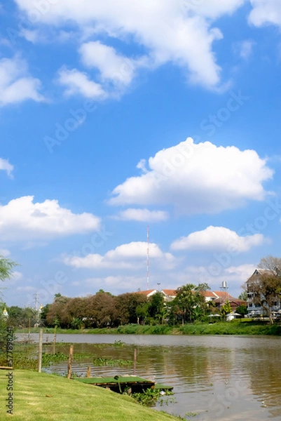 Obraz Scenic view of the Ping river and houses along the river bank