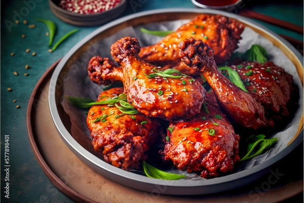 Fototapeta Roast chicken, chicken wings, BBQ. Professional food photo. Background or poster. Generative AI.