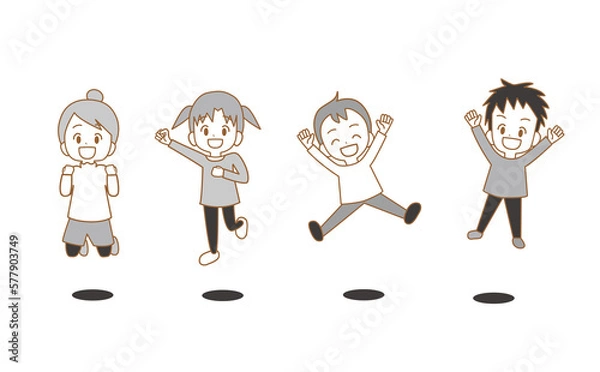 Obraz 元気にジャンプするこどもたち　複数　モノクロ　漫画風