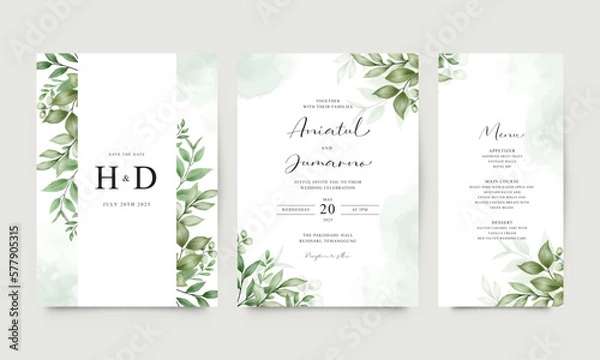 Obraz Beautiful wedding invitation set with green leaves