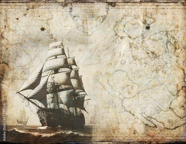 Obraz Old ship background with map