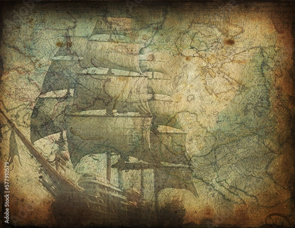 Obraz Old ship paper background on vintage map