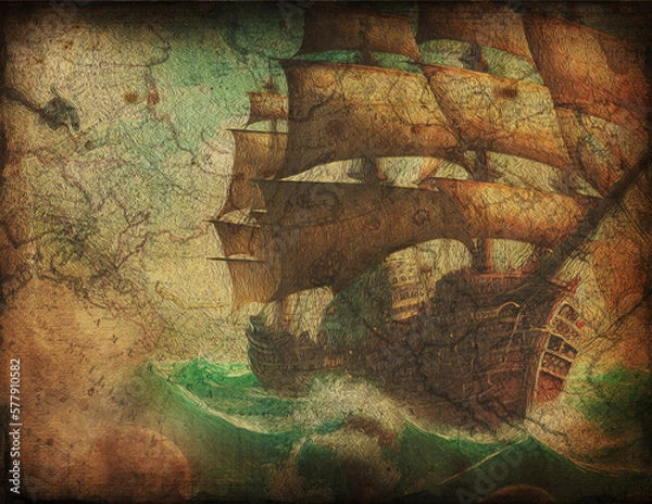 Obraz Old ship background on a map