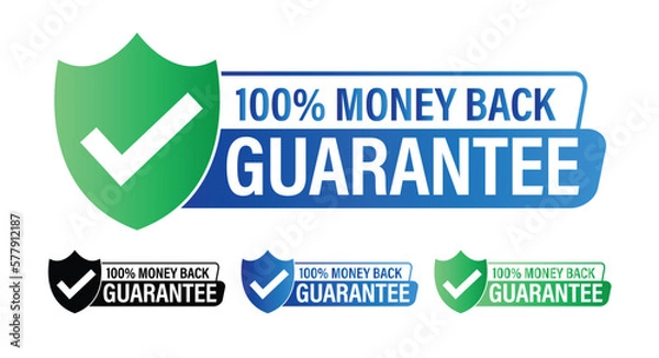 Fototapeta 100% money back guarantee vector icon with tick mark, blue and green i n color