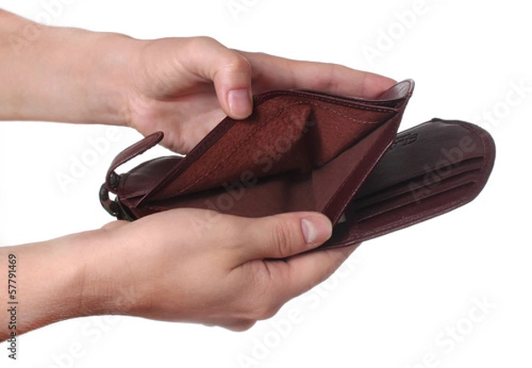 Fototapeta Hands holding an empty wallet, isolated on white background
