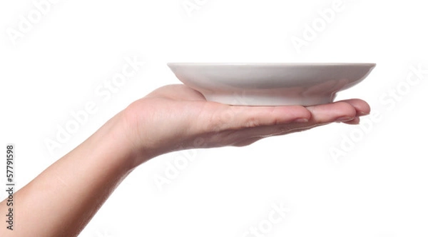 Obraz Hand holds saucer, isolated on white background