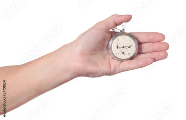 Obraz Girl holding a stopwatch (pedometer), isolated on white