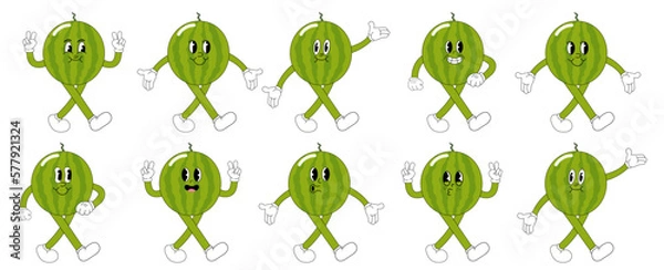 Fototapeta A Set of watermelon cartoon groovy stickers with funny comic characters, gloved hands. Modern illustration with legs and arms.	
